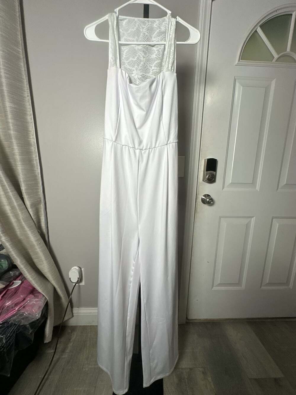 Halara White Lace Contrast Backless Wide-Leg Jumpsuit#943